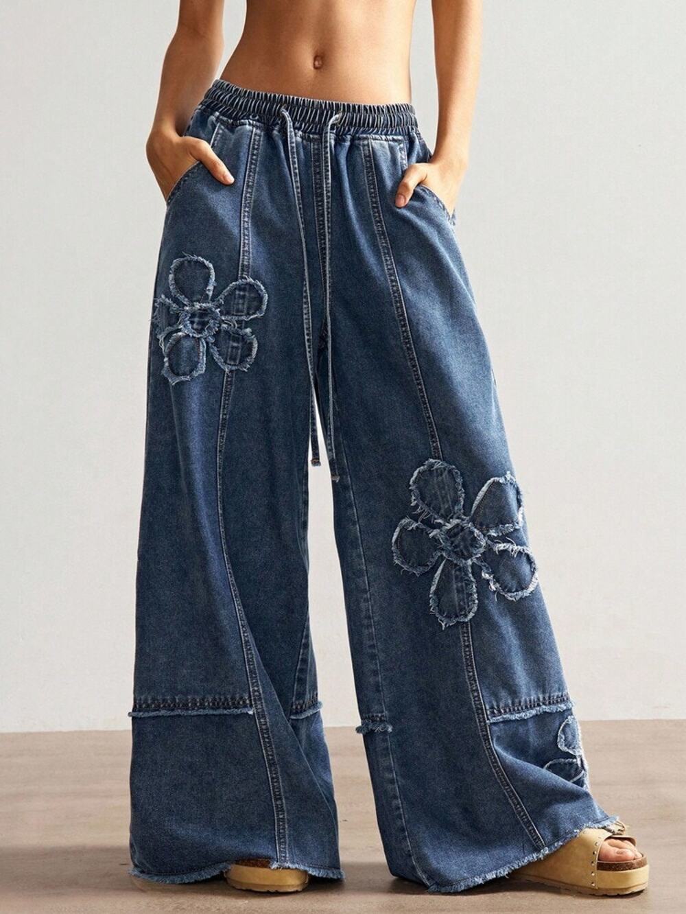Boho Floral Print Wide Leg Drawstring Pants